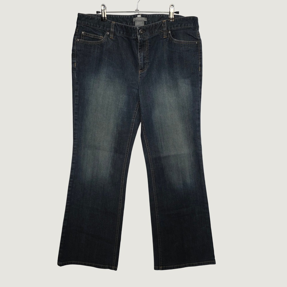 Ann Taylor Slim Fit Jeans Women 14P Blue Excellent Dark Wash Lower On Waist